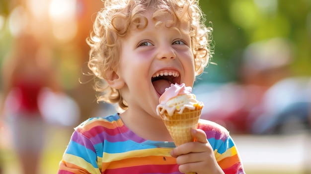 A young boy with curly blonde hair laughs as he enjoys a ice cream cone