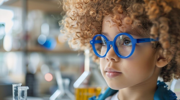 A young boy with curly hair and blue glasses gazes thoughtfully into the distance surrounded by a scientific setup embodying curiosity and imagination