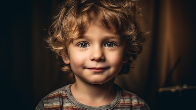 A young boy with curly hair and a striped shirt is standing in front of a dark background.