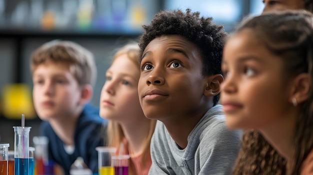 Photo a young boy with dark skin looks up in a classroom surrounded by his classmates