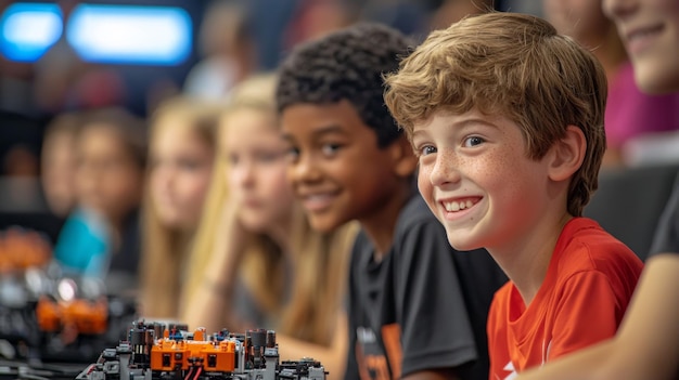 A young boy with freckles smiles happily at a robotics competition surrounded by his friends