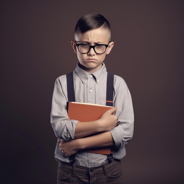 A young boy with glasses and a book in his arms