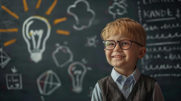 Young Boy with Glasses in Front of a Chalkboard with a Light Bulb