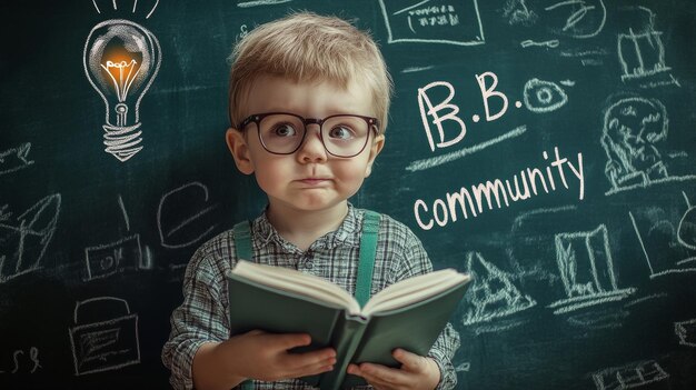 Photo a young boy with glasses is holding an open book and looking up at a lightbulb symbolizing cur