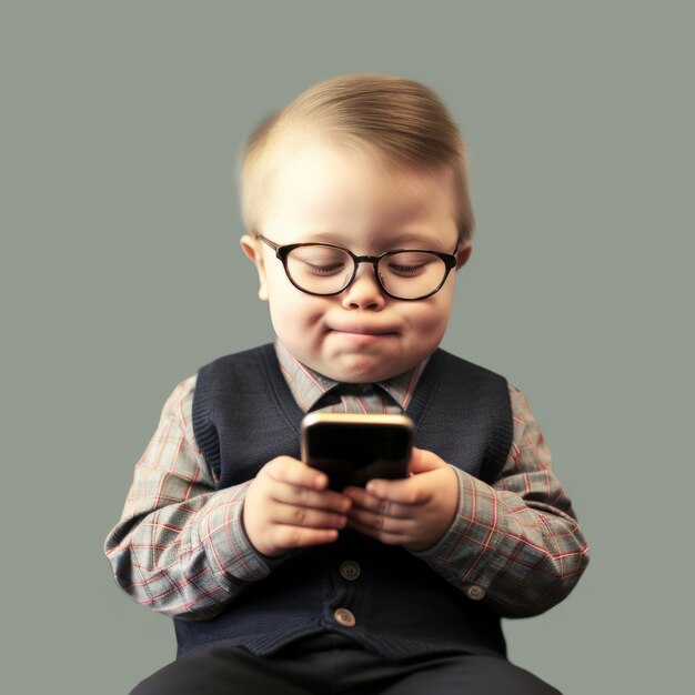 A young boy with glasses and a vest is playing with a phone.