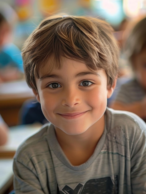 A young boy with a happy expression sitting at a table