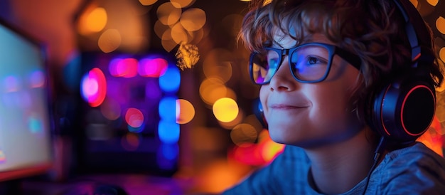 Young Boy With Headphones Using Computer