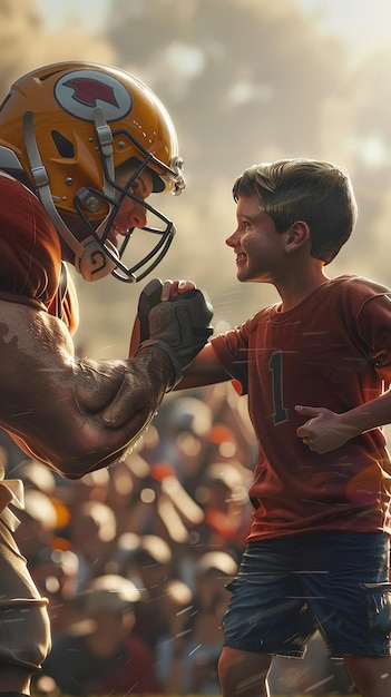 a young boy with a helmet and a football in his hands