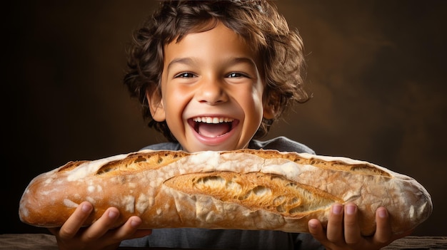 A young boy with a joyful smile holds a large loaf of bread in his arms