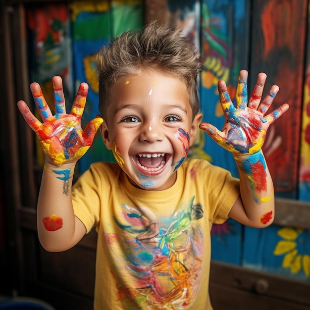 A young boy with paint on his face is wearing a yellow shirt with the word " painted " on it.