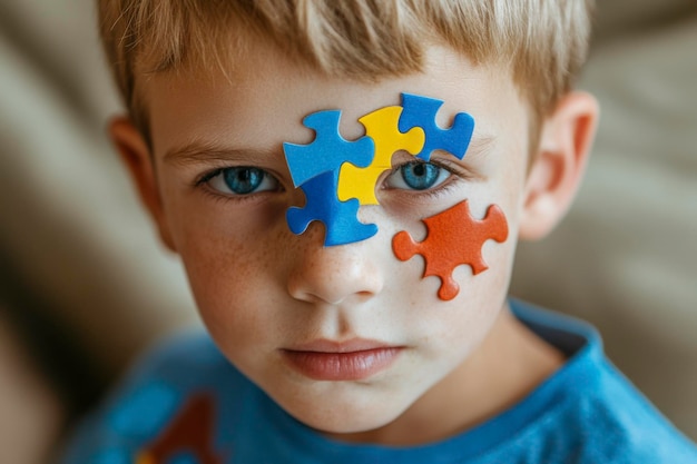 Photo young boy with puzzle pieces on his face