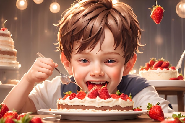 Photo a young boy with short brown hair happily eating a slice of cake