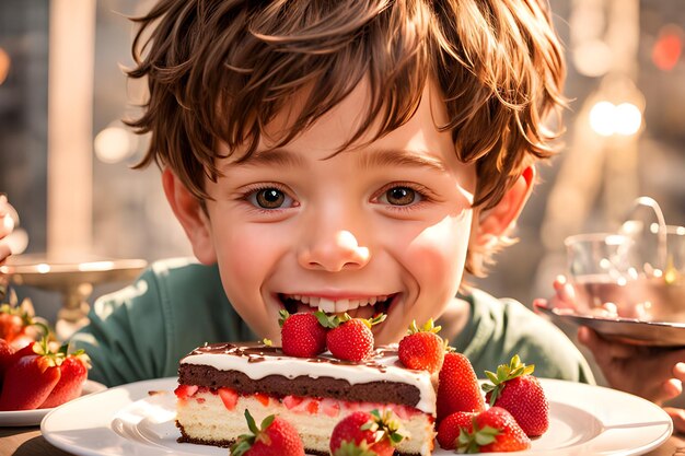 A young boy with short brown hair happily eating a slice of cake