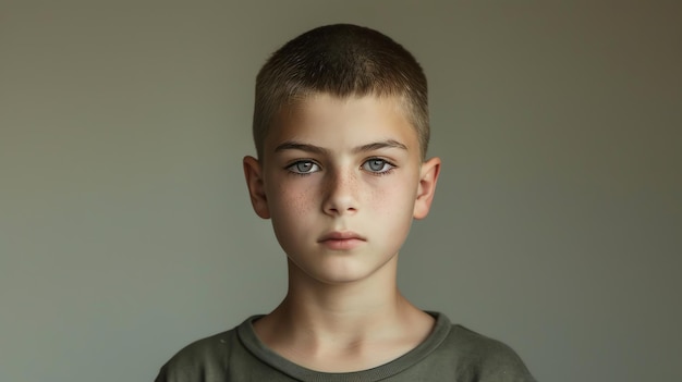 Photo a young boy with short brown hair looks directly at the camera