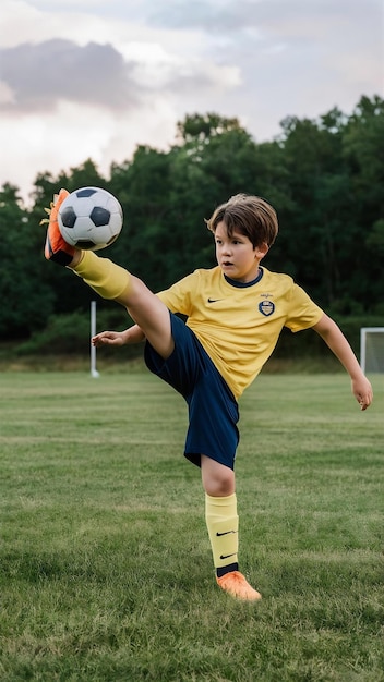 Young boy with soccer ball doing flying kick