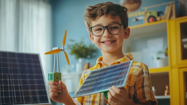 Photo young boy with solar panel toy