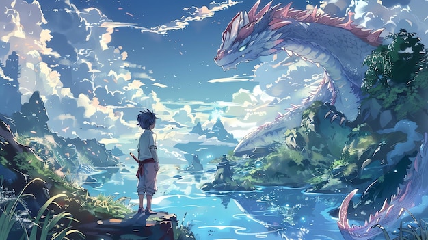 A young boy with a sword stands on a cliff overlooking a lake as a massive pink dragon rests in the water