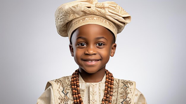 A young boy with a white turban and beaded necklace gazes thoughtfully into the distance