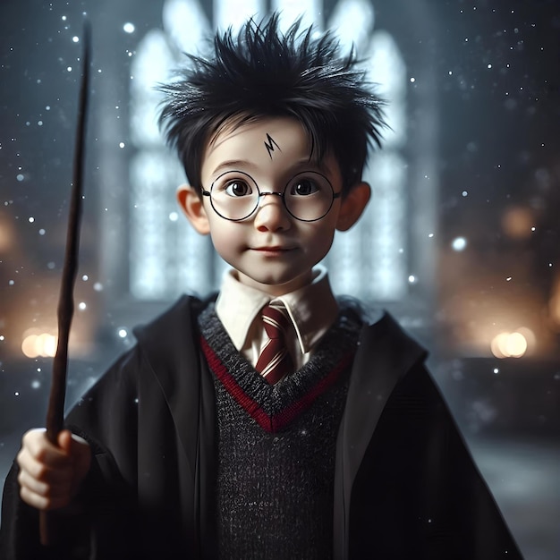 Photo young boy in wizard costume with scar and wand at hogwarts stock image