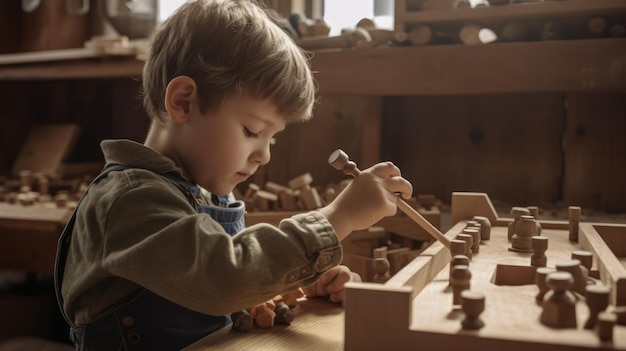 A young boy works on a piece of wood with a wooden tool.