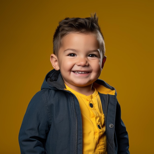 a young boy in a yellow shirt and blue jacket