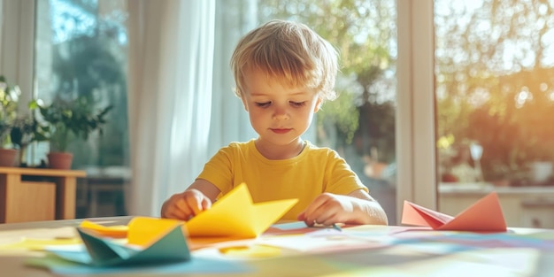 Photo a young boy in a yellow shirt folding colorful paper at a table engaged in an art and craft activity in a bright room with sunlight streaming through the windows