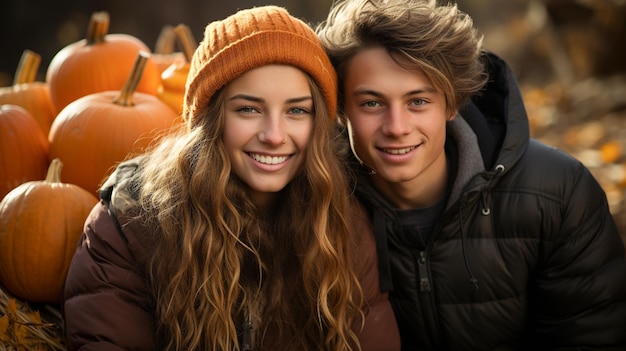 Young boyfriend and girlfriend enjoying the fall pumpkin patch on an autumn day generative AI