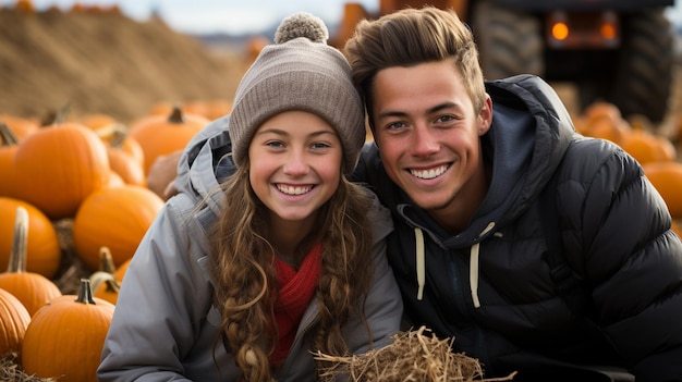 Young boyfriend and girlfriend enjoying the fall pumpkin patch on an autumn day generative AI