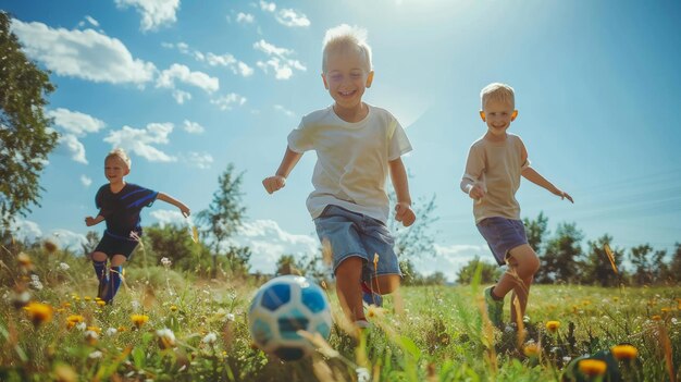 Young boys aged 56 passionately play a game of football on a bright and sunny day at the field