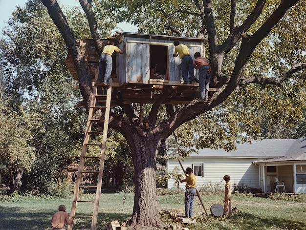 Photo young boys building a wooden treehouse together on a bright sunny day