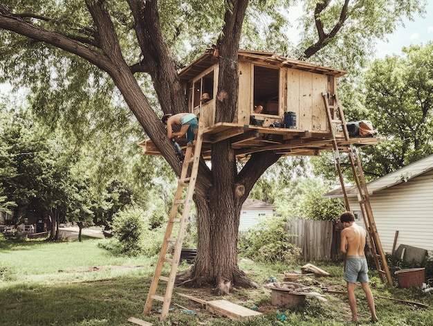 Photo young boys building a wooden treehouse together on a bright sunny day