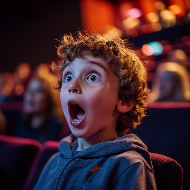 Photo young boys first amazed experience in cinema