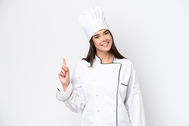 Young Brazilian chef woman isolated on white background showing and lifting a finger in sign of the best