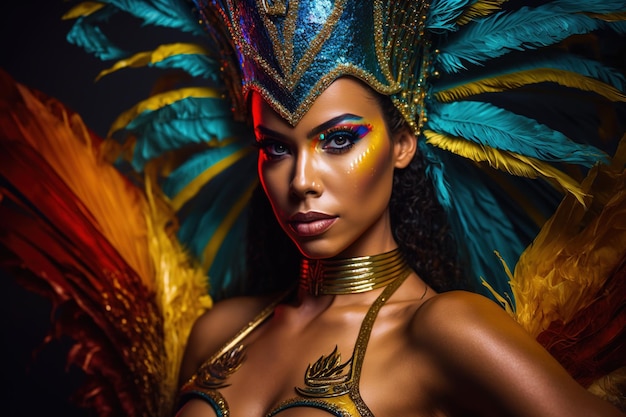 A young Brazilian woman is elegantly dressed for Carnaval adorned with feathers and colorful makeup She looks glamourously at the camera in this stunning headshot portrait Ai generated