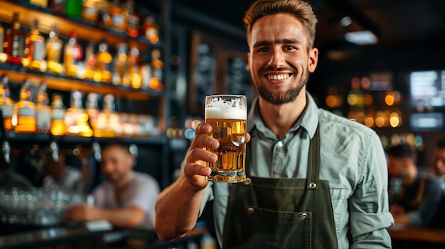 Young brewer wearing a leather apron is testing beer at a modern brewery