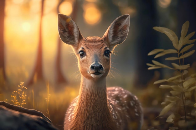 Young brown deer in forest