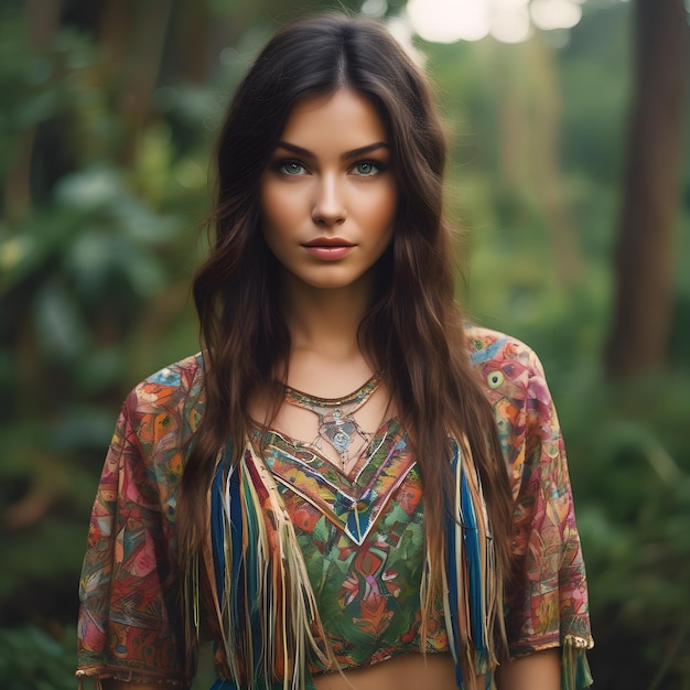 a young brown haired woman in colorful top