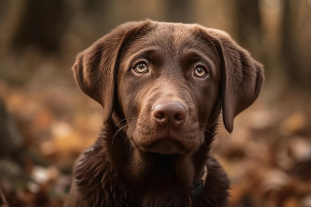 Young brown Labrador puppy portrait taken in an autumnal woodland