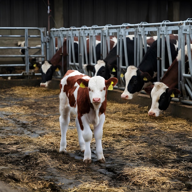 Young brown and white calf in barn setting surrounded by other cows in pens For Social Media Post S