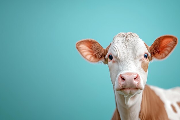 Photo young brown and white cow with curious expression indoors