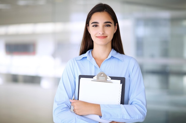 Young brunette businesswoman or student girl looking at camera