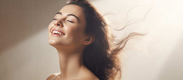 Young brunette experiencing happiness while getting beauty treatments at a hair salon vacant area