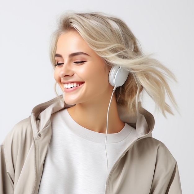 young brunette girl listening music in headphones and holding mobile phone generated by AI