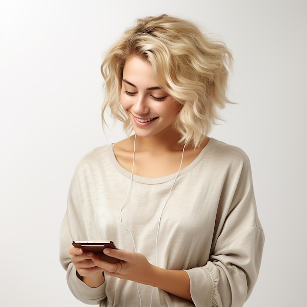 young brunette girl listening music in headphones and holding mobile phone generated by AI