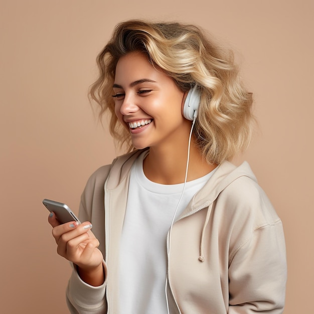 young brunette girl listening music in headphones and holding mobile phone generated by AI