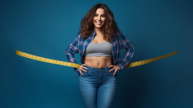 young brunette girl with blue jeans and a big measuring tape