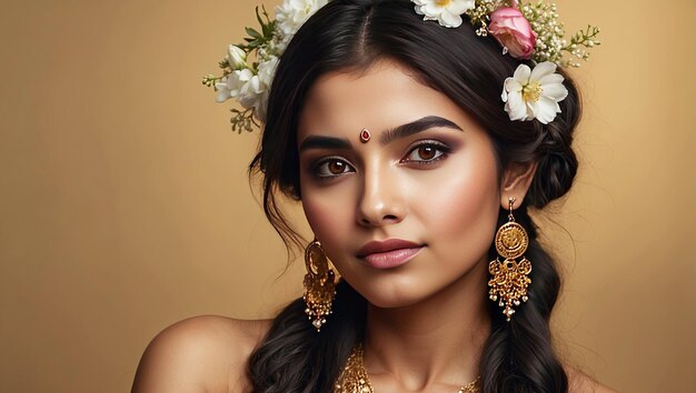 A young brunette Indian woman with a hairstyle of spring flowers in her hair on a solid background Feminine beauty portrait makeup hairstyle stylist feminine energy