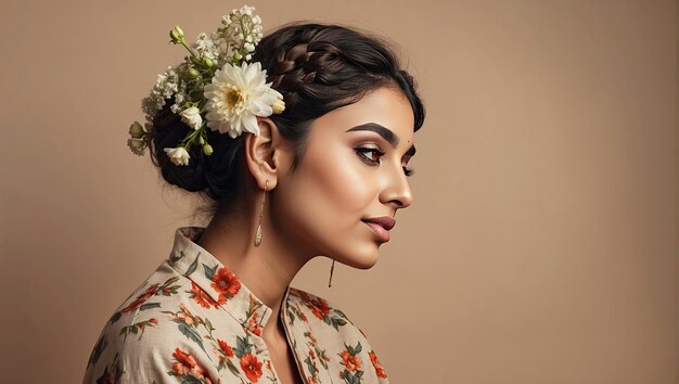 A young brunette Indian woman with a hairstyle of spring flowers in her hair on a solid background Feminine beauty portrait makeup hairstyle stylist feminine energy