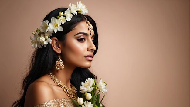 A young brunette Indian woman with a hairstyle of spring flowers in her hair on a solid background Feminine beauty portrait makeup hairstyle stylist feminine energy