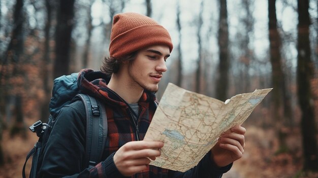 Photo young brunette man exploring outdoors with map